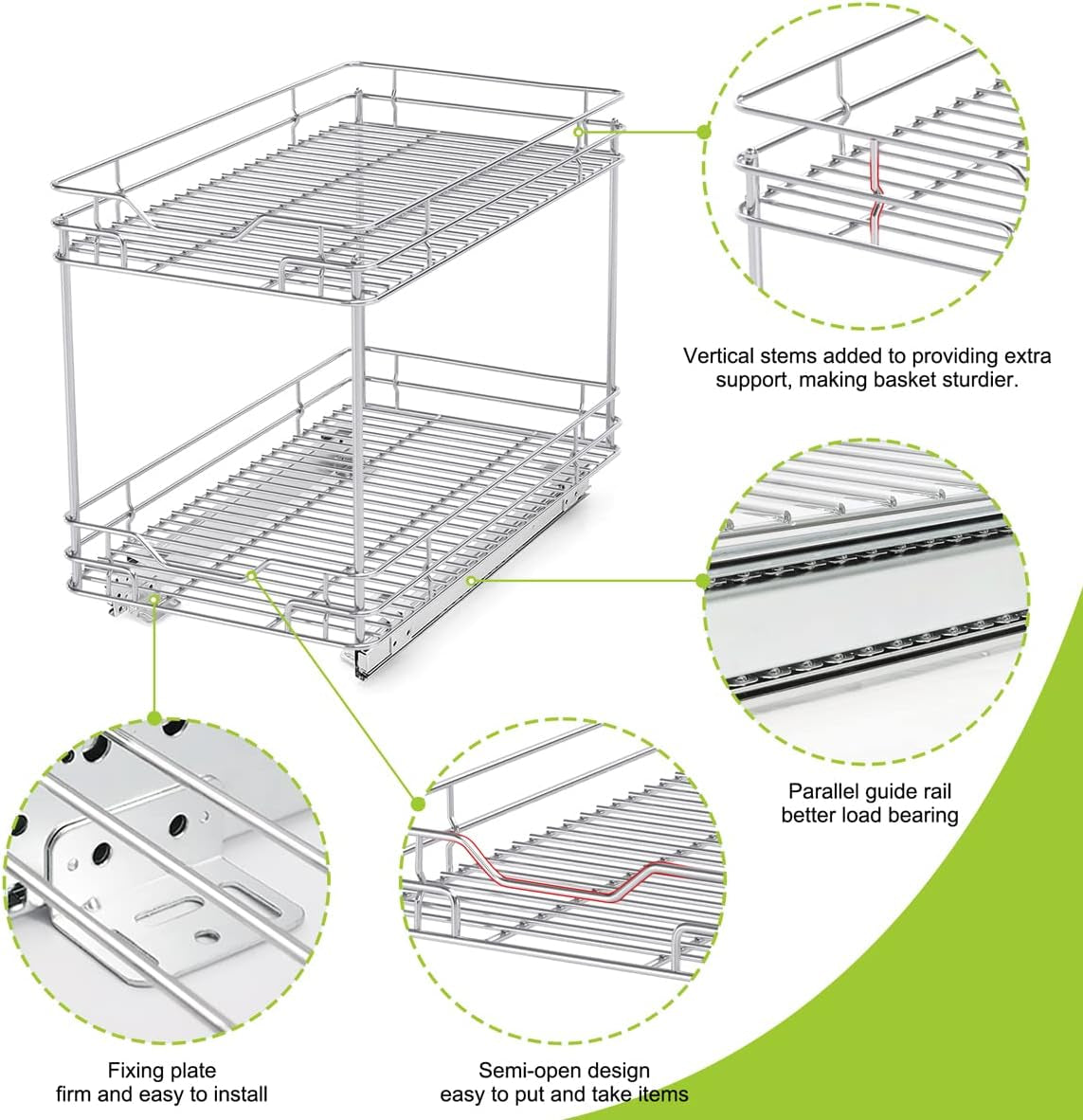 Heavy-Duty 2-Tier Pull-Out Cabinet Drawer Organizer - 21''Dx11''W - Designed for Cabinets with a Minimum 11” Opening, Wire Frame with Chrome Finish