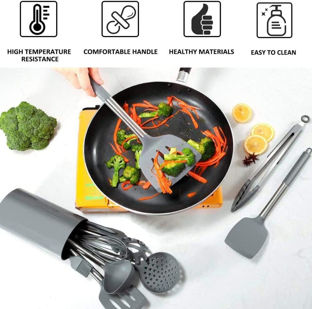 25-Piece Silicone Kitchen Utensils Set with Heat Resistant Stainless Steel Handle and Grey Silicone Grip