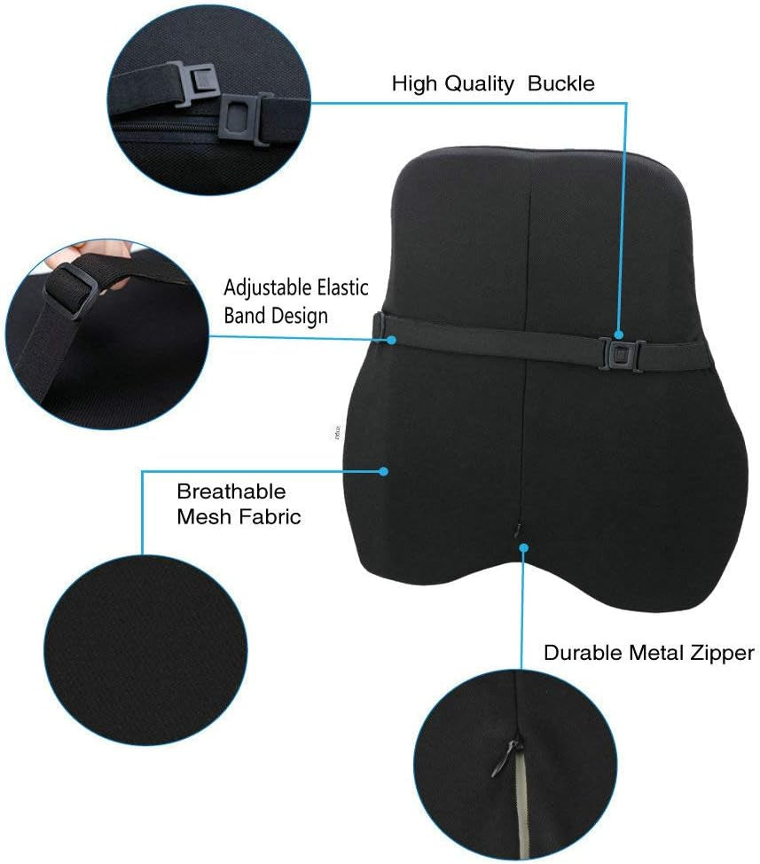 Ergonomic Memory Foam Lumbar Support Pillow with Breathable Mesh - Suitable for Car Seats, Office Sofas, and Plane Travel (Black Waist Cushion)