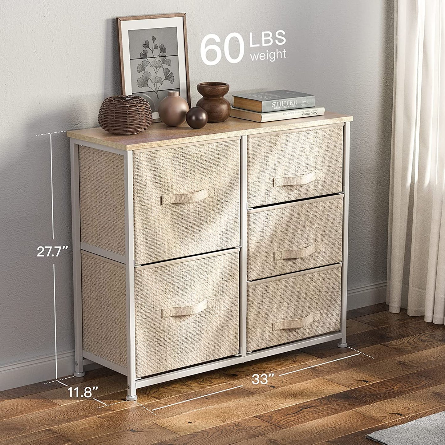 Fabric Dresser with 5 Drawers, Vertical Wide Dresser Storage Tower - Premium Organizer Unit with Wood Top and Easy Pull Handle for Closets, Living Room, Nursery Room, and Hallway