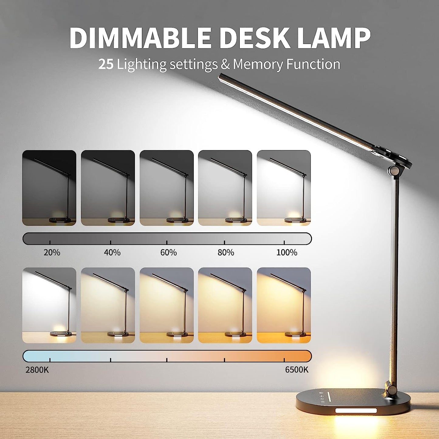 Dual Swing Arm LED Desk Lamp: Equipped with USB Charging Port and Night Light Function. This Desk Lamp offers 5 Color Modes, 5 Brightness Levels, and Touch Control. Ideal for Desktop, Office, or Table Use with Convenient Plug.