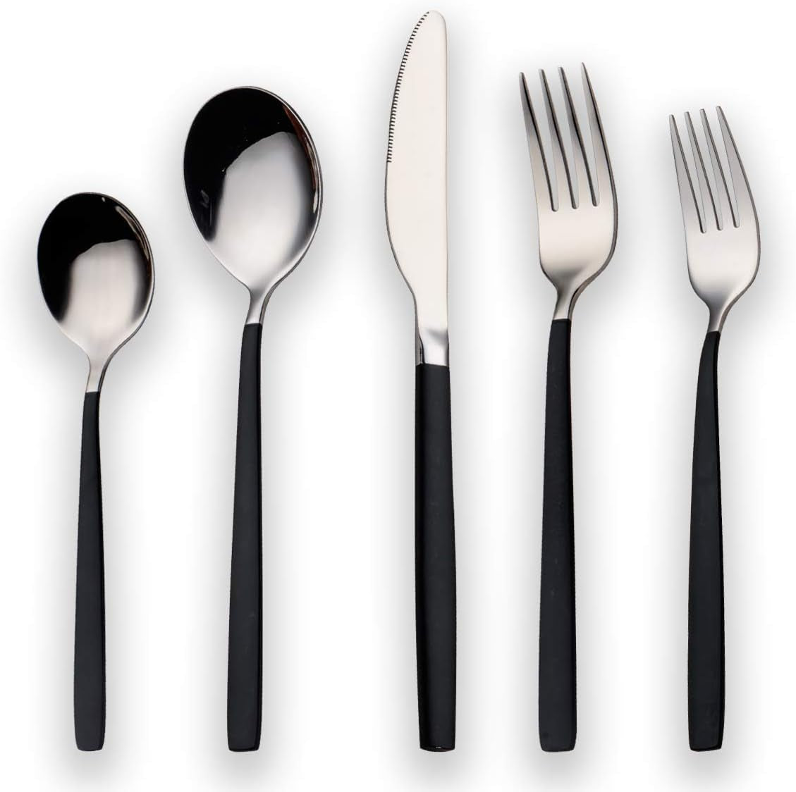  Black and  Silver 20-Piece Titanium Black Plated Stainless Steel Flatware Set - Featuring Black Handles with Silver Mouth, Providing an Elegant Black and Silver Cutlery Set for Service for 4.