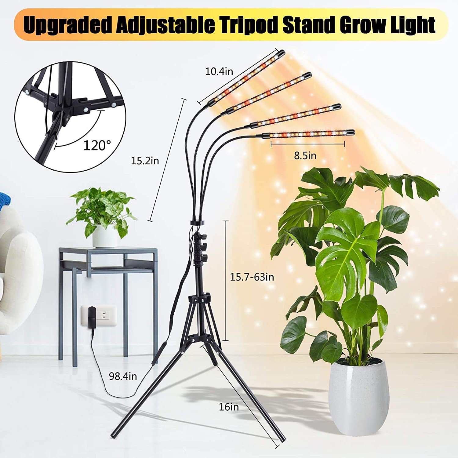 Full Spectrum LED Grow Plant Light with Stand - 4 Head 80 LED Floor Plant Light for Indoor Plants, with 4/8/12H Timer and 10 Dimmable Levels