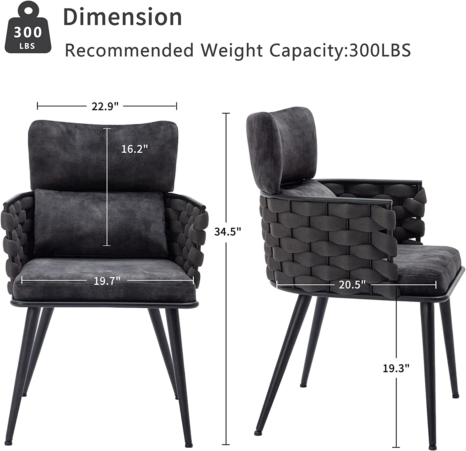 Set of 2 Mid-Century Modern Dining Velvet Chairs - Handmade Woven Kitchen Chairs, with Metal Legs for Kitchen, Dining Room, Living Room