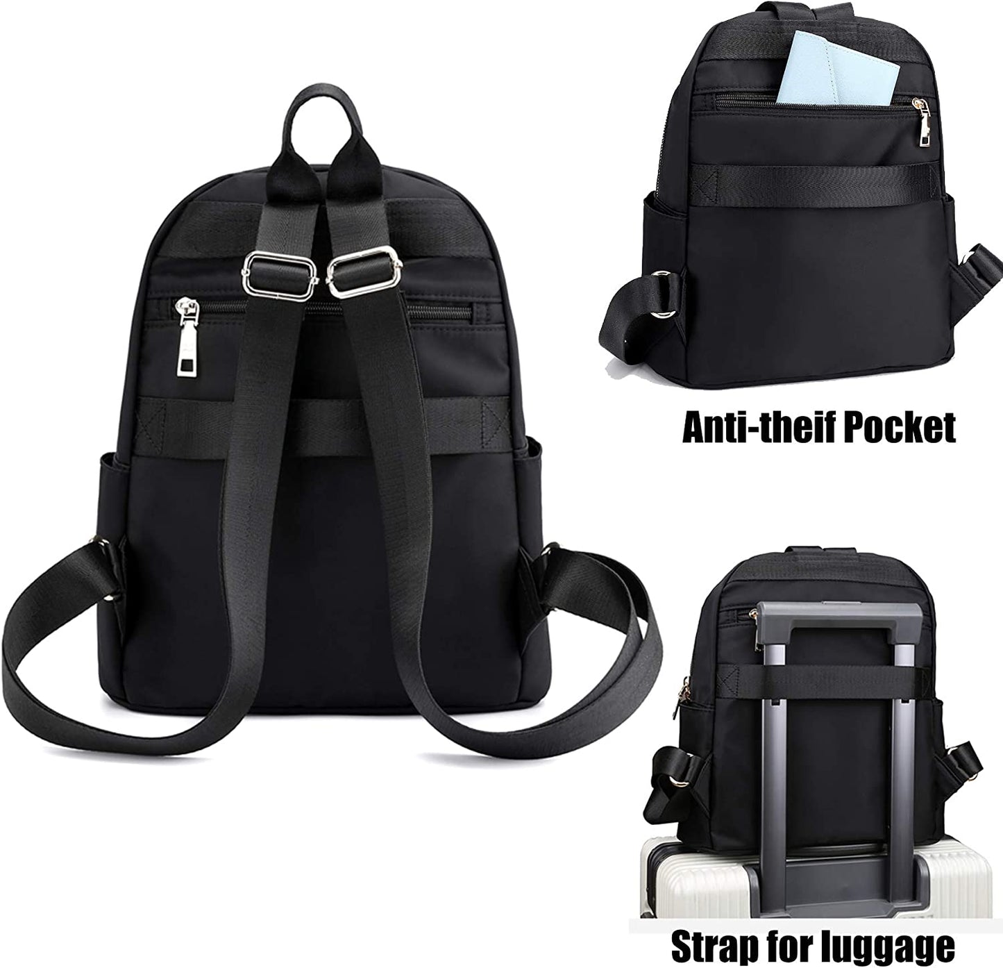 Waterproof Women Backpack Purse - Nylon Mini Rucksack Lightweight Daypack Black