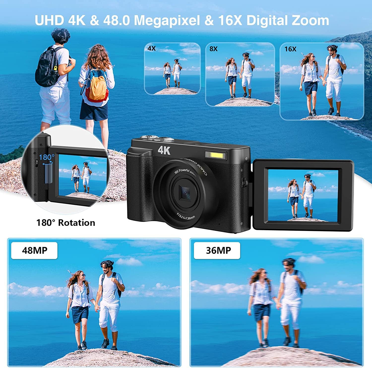 4K 48MP Autofocus Vlogging Camera - This camera includes a 32GB Memory Card, 16X Digital Zoom, and comes with 2 Batteries. It's a powerful tool for photography and ideal for YouTube content creation. Color: Black.