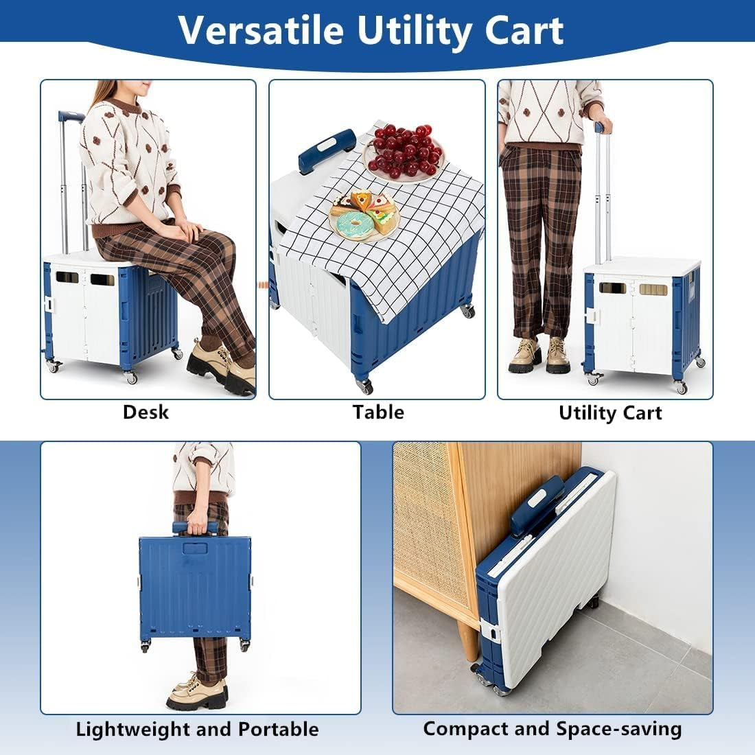 Foldable Utility Cart with Lid - A 50L Folding, Portable Rolling Crate Handcart equipped with a Heavy-Duty Collapsible Basket, Telescoping Handle, and 4 Rotating Wheels. Ideal for Office, Shopping, Camping, Travel, and Moving. Available in Blue and White.