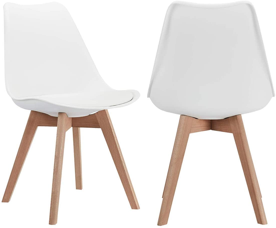 Set of 2 Mid Century Modern DSW Side Chairs with Wood Legs: Ideal for Kitchen, Living, and Dining Rooms, in White Color