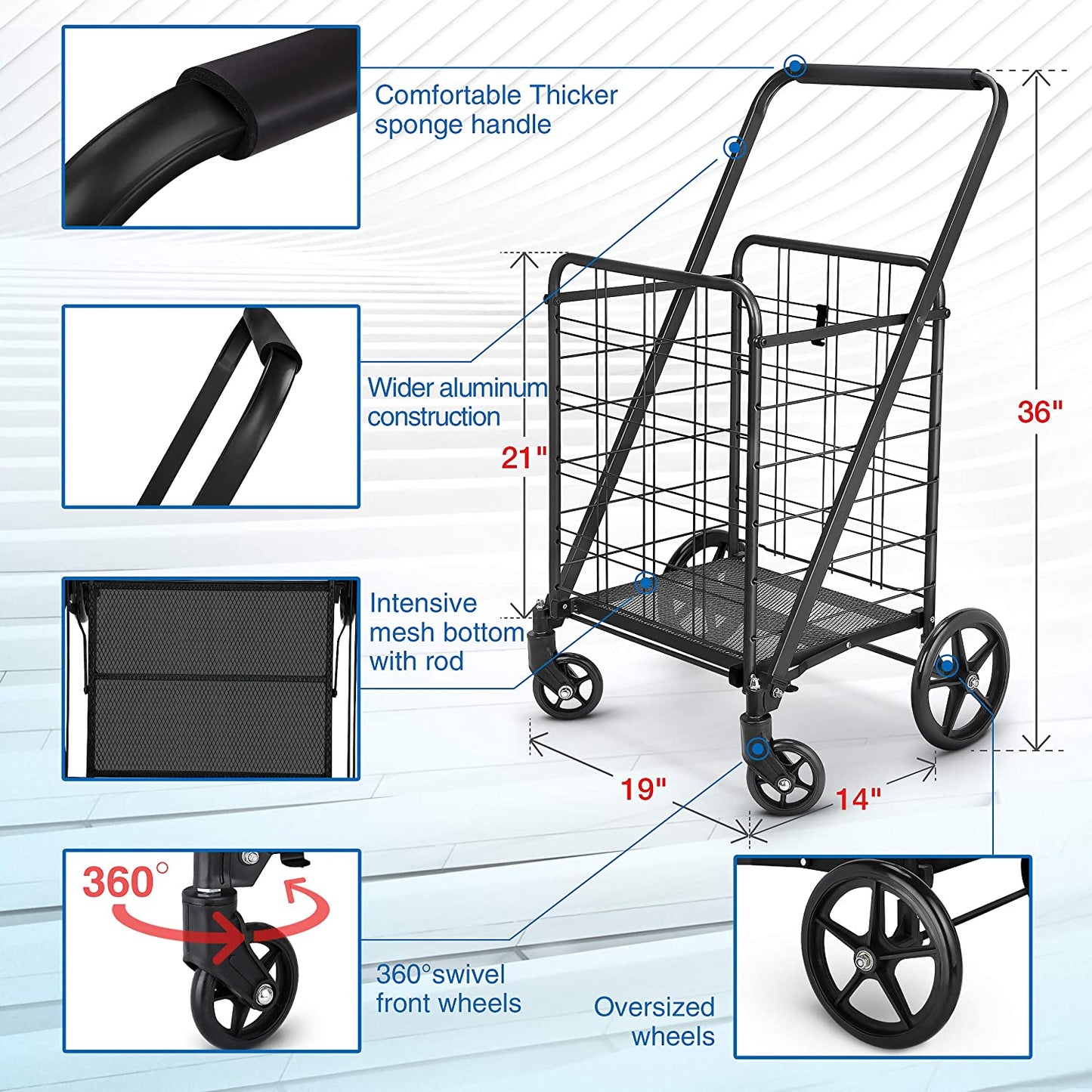 Heavy Duty Folding Shopping Cart with Upgraded Dense Grid Bottom, 360° Rolling Swivel Wheels, and Extra Large Capacity of 280 lbs - Ideal for Various Uses