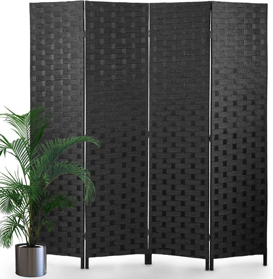 Freestanding 4-Panel 6FT Room Divider: Folding Privacy Screen with Hand-Woven Wood Mesh Design in Black - Perfect for Home, Office, or Bedroom Separation