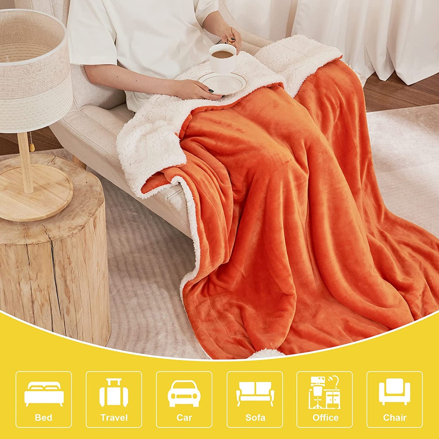 Kids Sherpa Fleece Throw Blanket for Couch - A Winter Warm, Fuzzy, and Soft Blanket measuring 50 inches x 60 inches. It's Velvet Reversible and offers a Luxurious feel. Ideal for home, bed, and school use, and comes in an attractive Orange color.