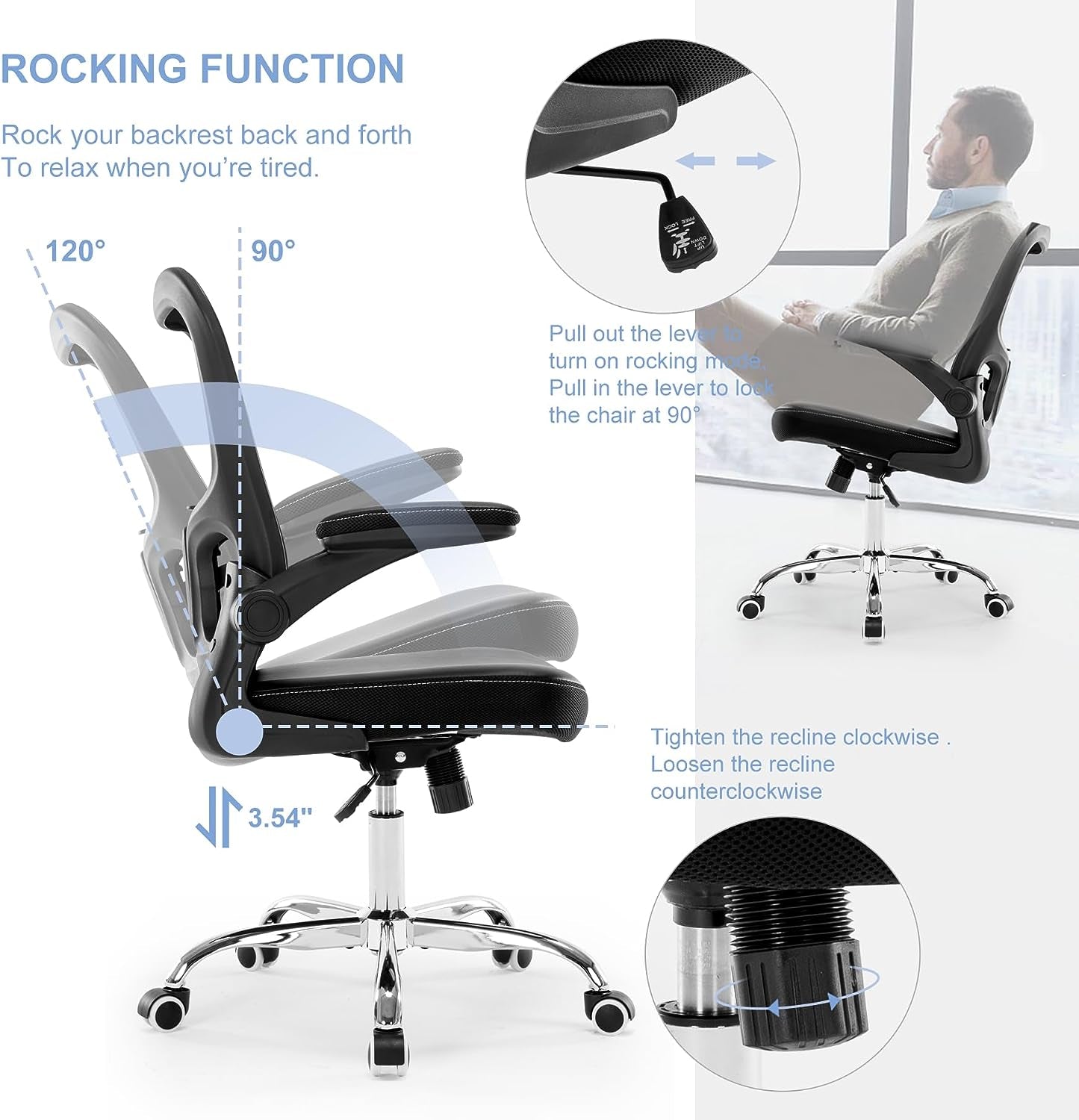 Ergonomic Office Chair - Mesh Mid-Back Design - Features Flip-Up Armrests - Adjustable Height - Equipped with PU Cushion - Suitable for Home and Computer Use - Color: Black.