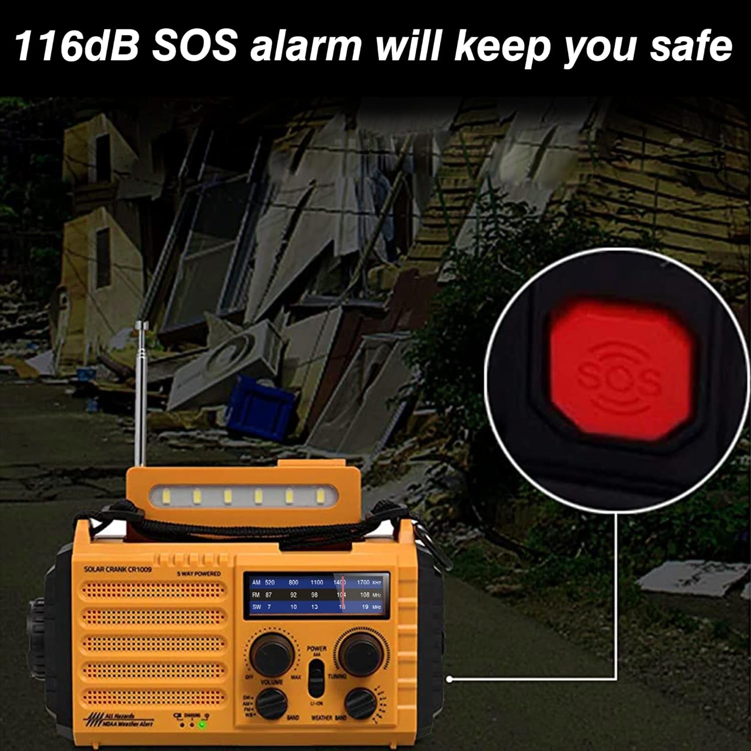 Portable Weather Radio with Emergency Features, Rechargeable Battery, Solar Panel, and Multiple Functions for Survival and Blackout Situations