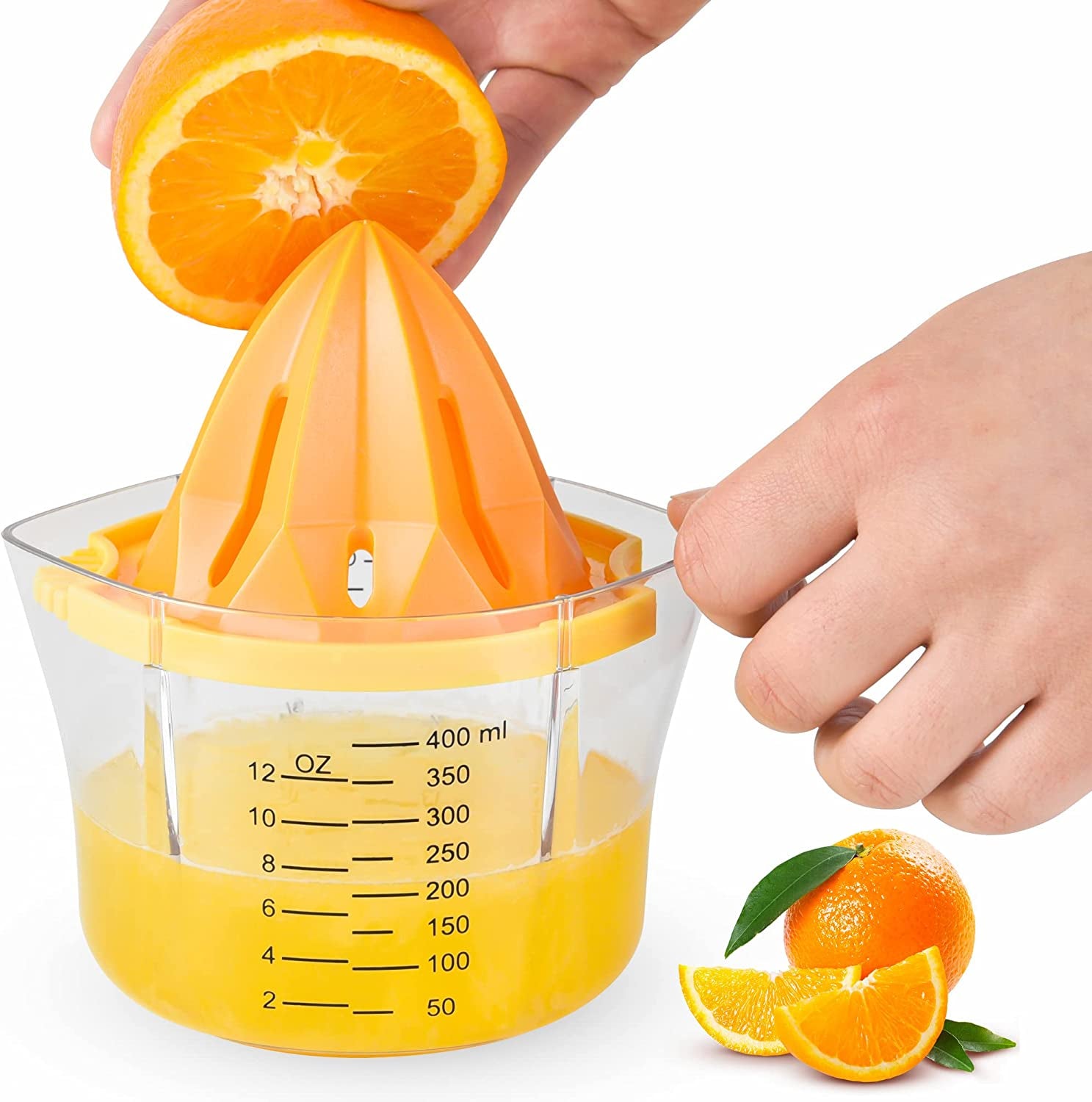 Manual 5-in-1 Lemon Squeezer Citrus Juicer - Hand Juicer for Citrus Fruits like Lemon, Orange, and Lime - Features a Built-in Measuring Cup, Grater, and Strainer, with Included Juicer Cup