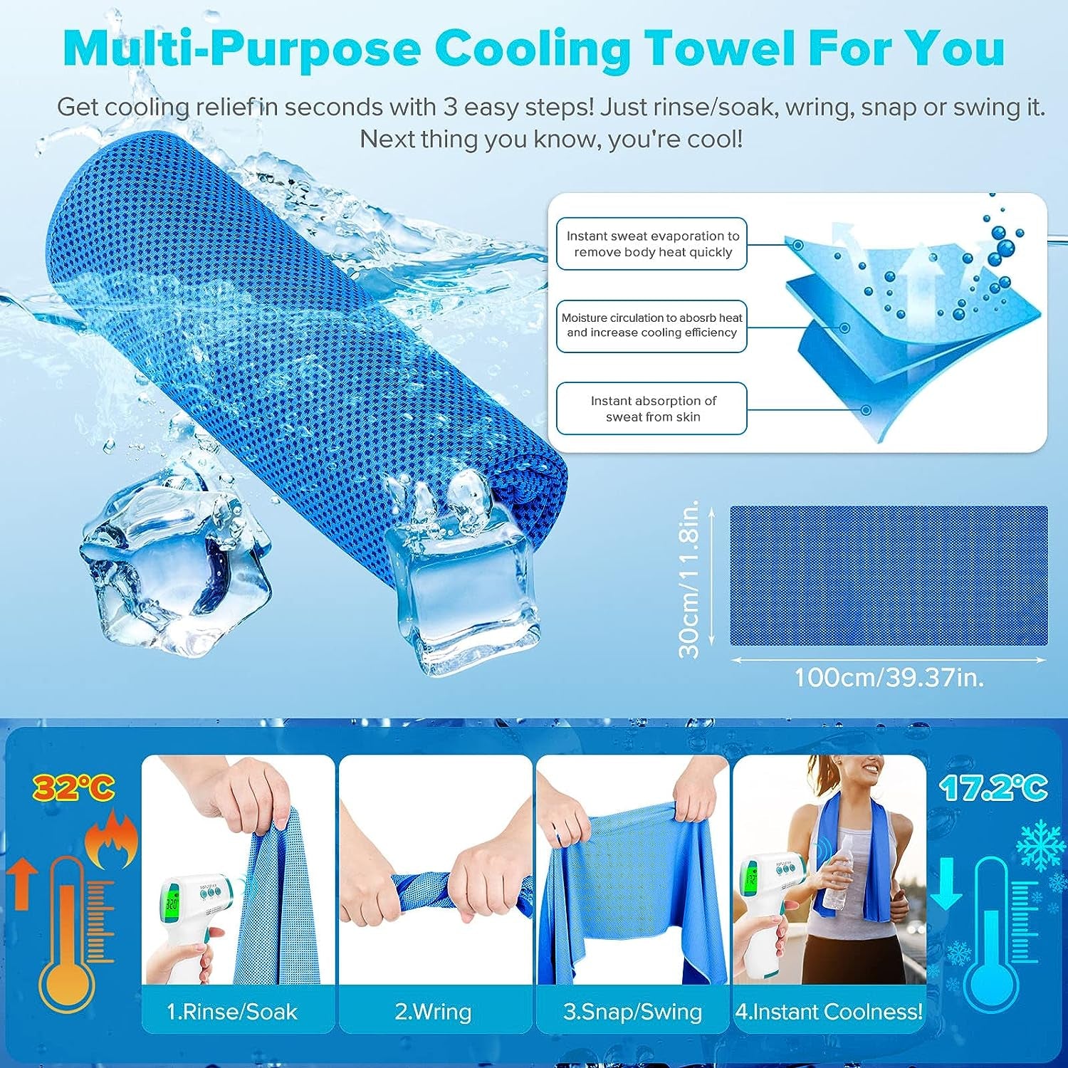Large Capacity Waterproof Fanny Pack for Women and Men - Includes 4 Pockets - Running Belt Fits MAX 7.9'' iPad & 6.6'' Cellphone iPhone - Complete with Cooling Towel - Color: Blue.