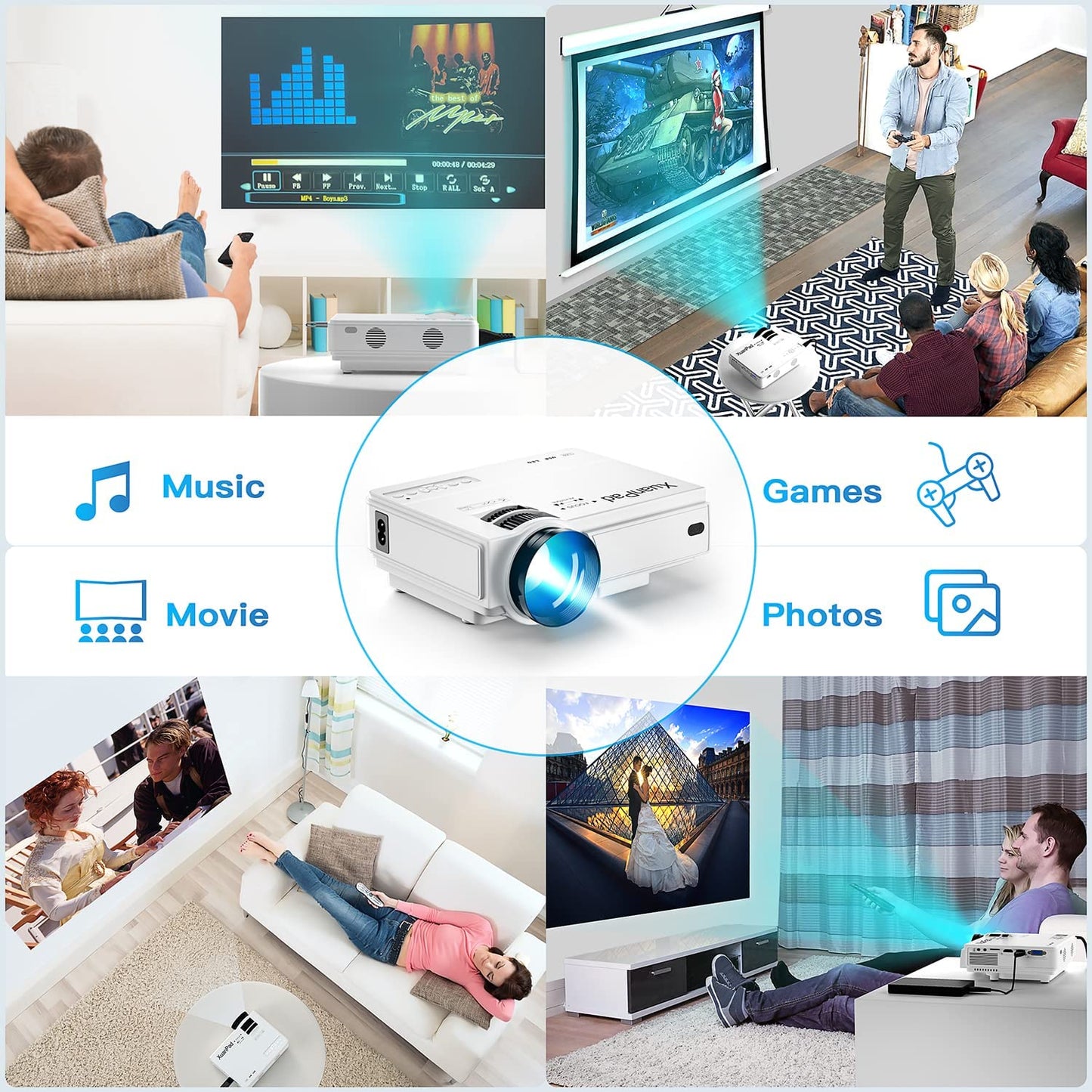 Portable Mini Projector - HD 1080P Supported Video Projector with 55,000 Hours Lifespan, Compatible with TV Stick, HDMI, USB, AV, Laptop, iPhone, Android