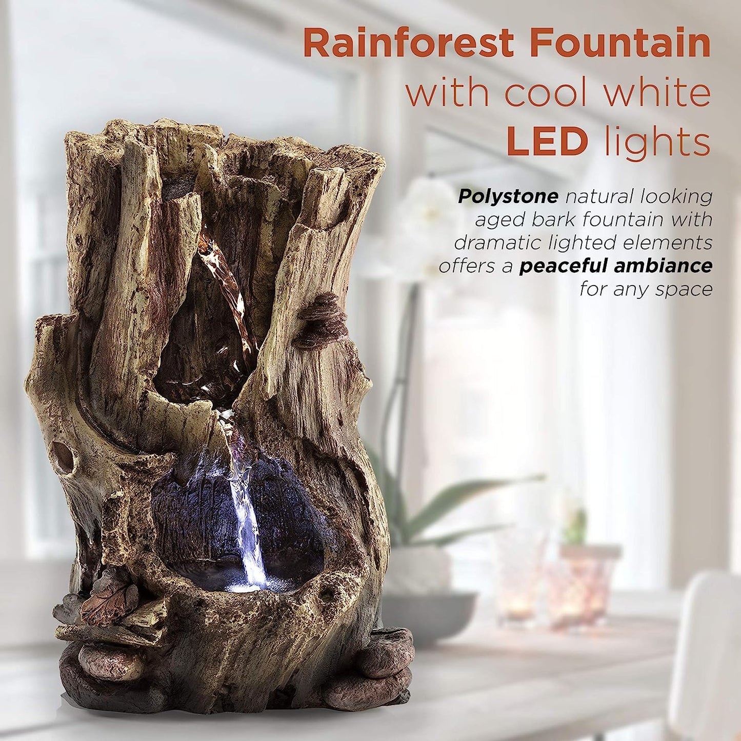 Elegant 12-Inch Tall Alpine Rainforest Tabletop Fountain with White LED Lights