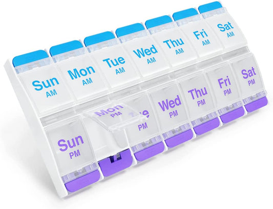 Push Button (7-Day) Pill Case - Organizes Medicine and Vitamins - 2 Times a Day AM/PM Slots - Large Compartments - Designed for Arthritis-Friendly Use - Features Clear Lids in Purple/Blue Color.