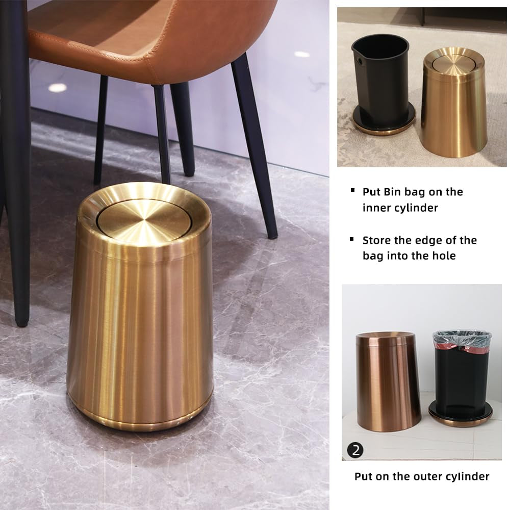 10 L/2.6Gallen,Swing Lid Gold Brass Trash Can- Flipping Lid,  Brushed Stainless Steel Garbage Can, for Bathroom, Kitchen,Living Room,Bedroom,Hotel (Rose Gold)