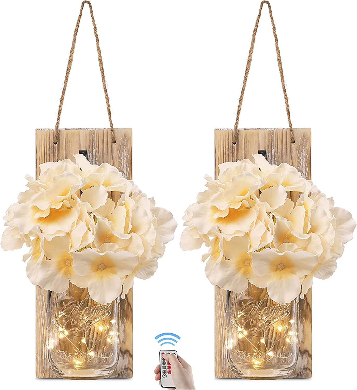 Rustic Brown Mason Jar Sconces - Elegant Wall Decor with LED Strip Lights, Silk Hydrangea, and Iron Hooks - Ideal for Home and Kitchen Decorations