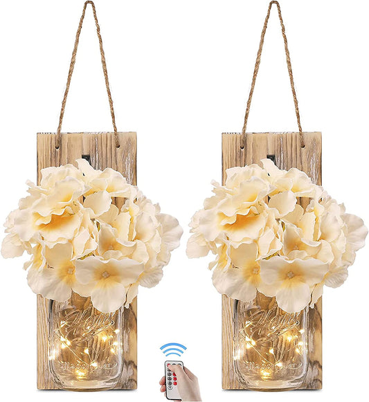 Rustic Brown Mason Jar Sconces - Elegant Wall Decor with LED Strip Lights, Silk Hydrangea, and Iron Hooks - Ideal for Home and Kitchen Decorations