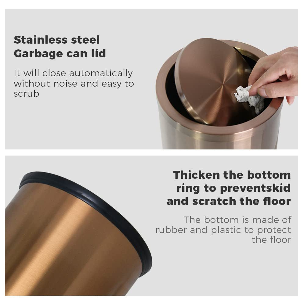 Stainless Steel Trash Can With LId,Bathroom Trash Can，9 L,Garbage cans for Living Room. Metallic Gold (Rose Gold)