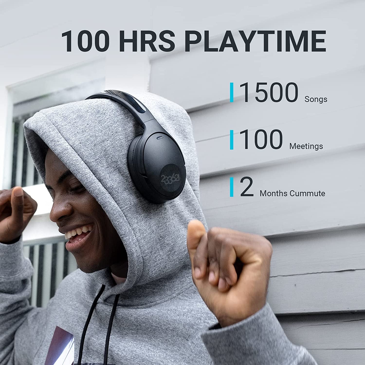 Hush-Onyx Active Noise Cancelling Headphones - Wireless Over-Ear Bluetooth Headphones with 100 Hours of Playtime, Custom App Support, Built-in Mic, Lightweight, Comfortable Fit for Everyday Use