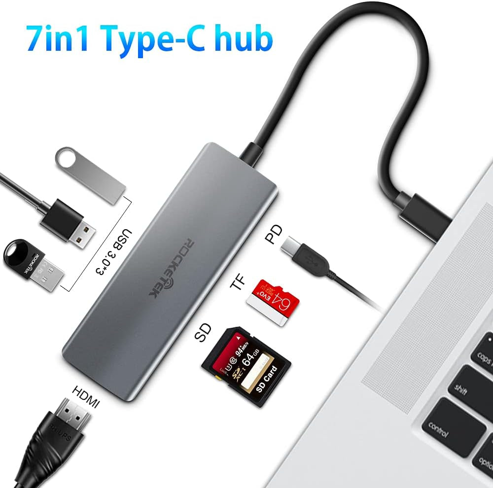 7-in-1 USB C Hub and HDMI Adapter - Features 4K USB C to HDMI, 3 USB 3.0 Ports, SD and TF Card Reader, USB-C Charging Port; Compatible with MacBook, iMac, Surface, Chromebook, Galaxy, XPS, and more.