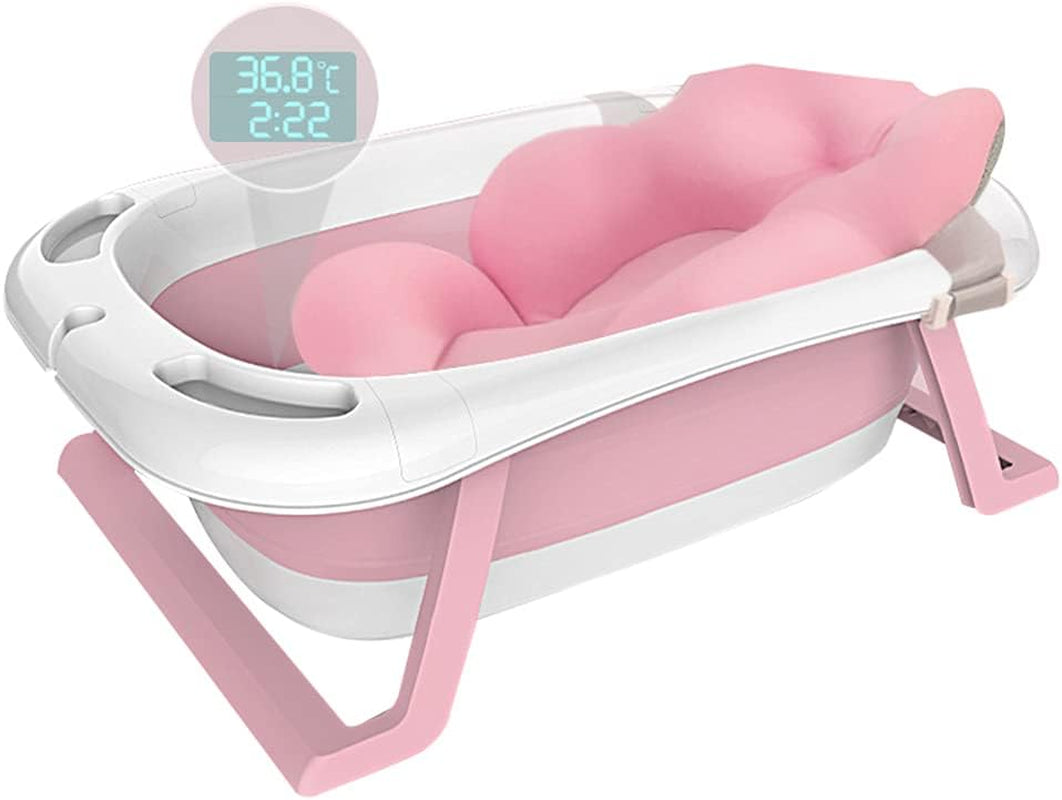 Collapsible Portable Baby Bathtub - Folding Toddler Bath tub Intelligent Temperature with Bath Cushion for Newborn Infant Toddler Baby - Pink