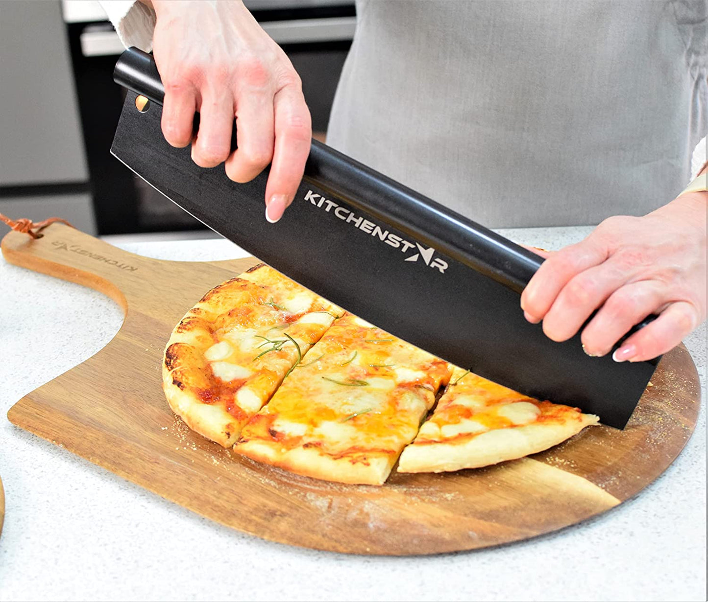  14-Inch Black Non-Stick Pizza Cutter - High-Quality Stainless Steel Slicer Knife with Blade Cover - Rocker Style for Precise Portioning - Dishwasher Safe - Must-Have Pizza Oven Accessory