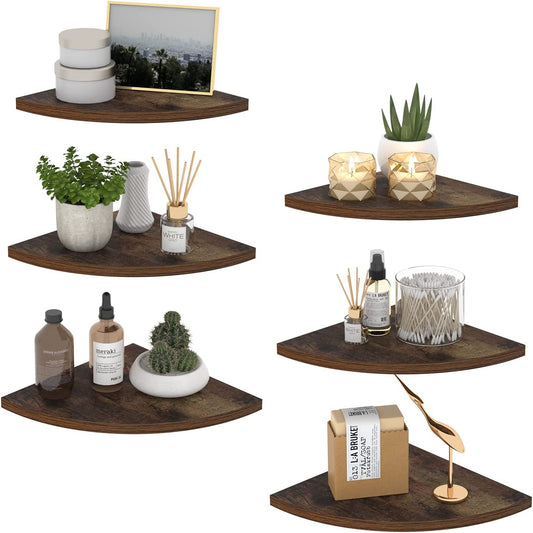 Set of 6 Floating Corner Shelves - Rustic Wood Design - Ideal for Bedroom, Living Room, Bathroom, and Kitchen - Adds Decorative and Functional Space to Corners.