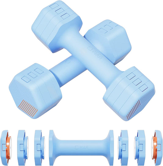 Adjustable Weight Dumbbells Set - This set includes one pair of dumbbells with weights ranging from 4lb to 10lb (2-5lb each). They are free weights suitable for home gym use and strength training for women, men, seniors, and teens.