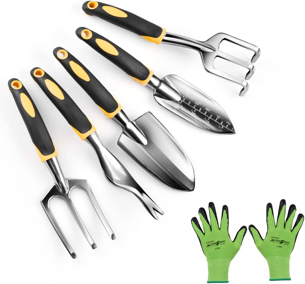 6-Piece Gardening Hand Tool Set: Weeder, Trowel, Transplanter, Cultivator, Weeding Fork, Gloves - Heavy-Duty Aluminum Alloy, Rust-Resistant, Ergonomic 