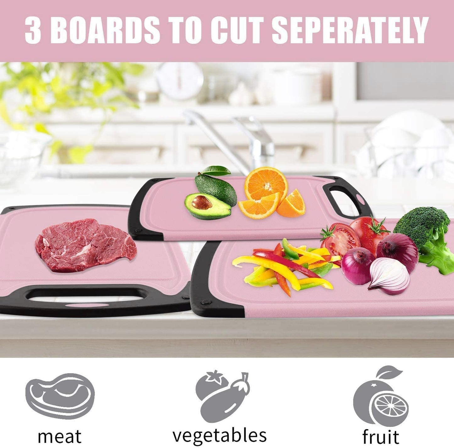  3-Piece Kitchen Cutting Board Set - Durable Plastic Chopping Boards with Juice Grooves, BPA-Free, and Dishwasher Safe - Pink