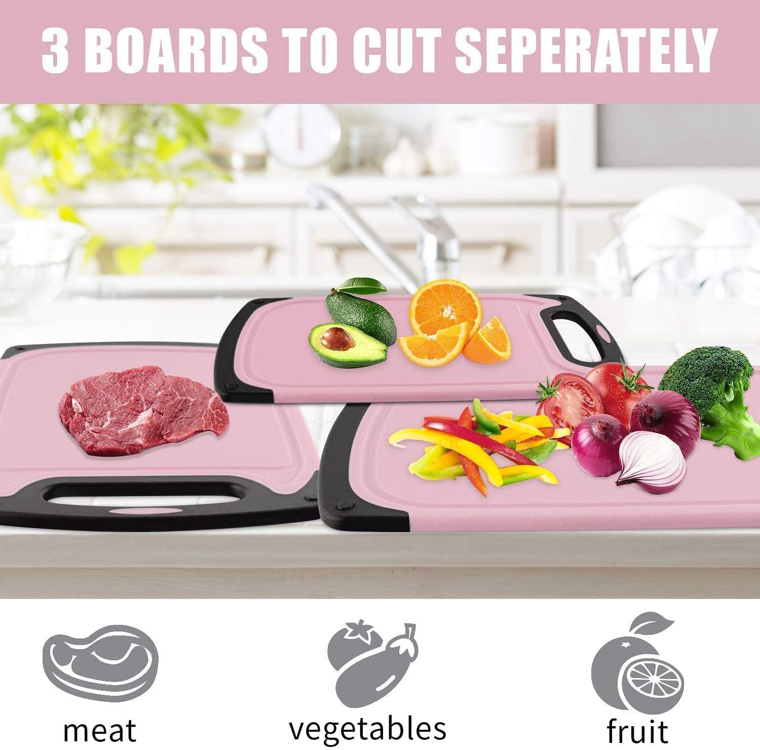  3-Piece Kitchen Cutting Board Set - Durable Plastic Chopping Boards with Juice Grooves, BPA-Free, and Dishwasher Safe - Pink