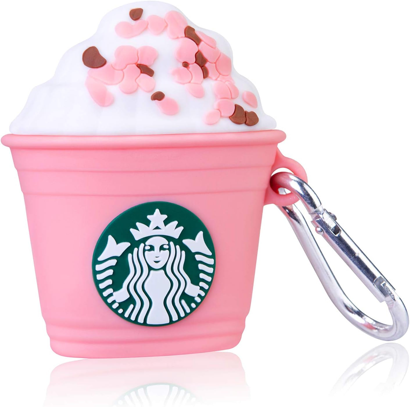 Pink coffee cup silicone AirPods case with 3D character design and keychain.