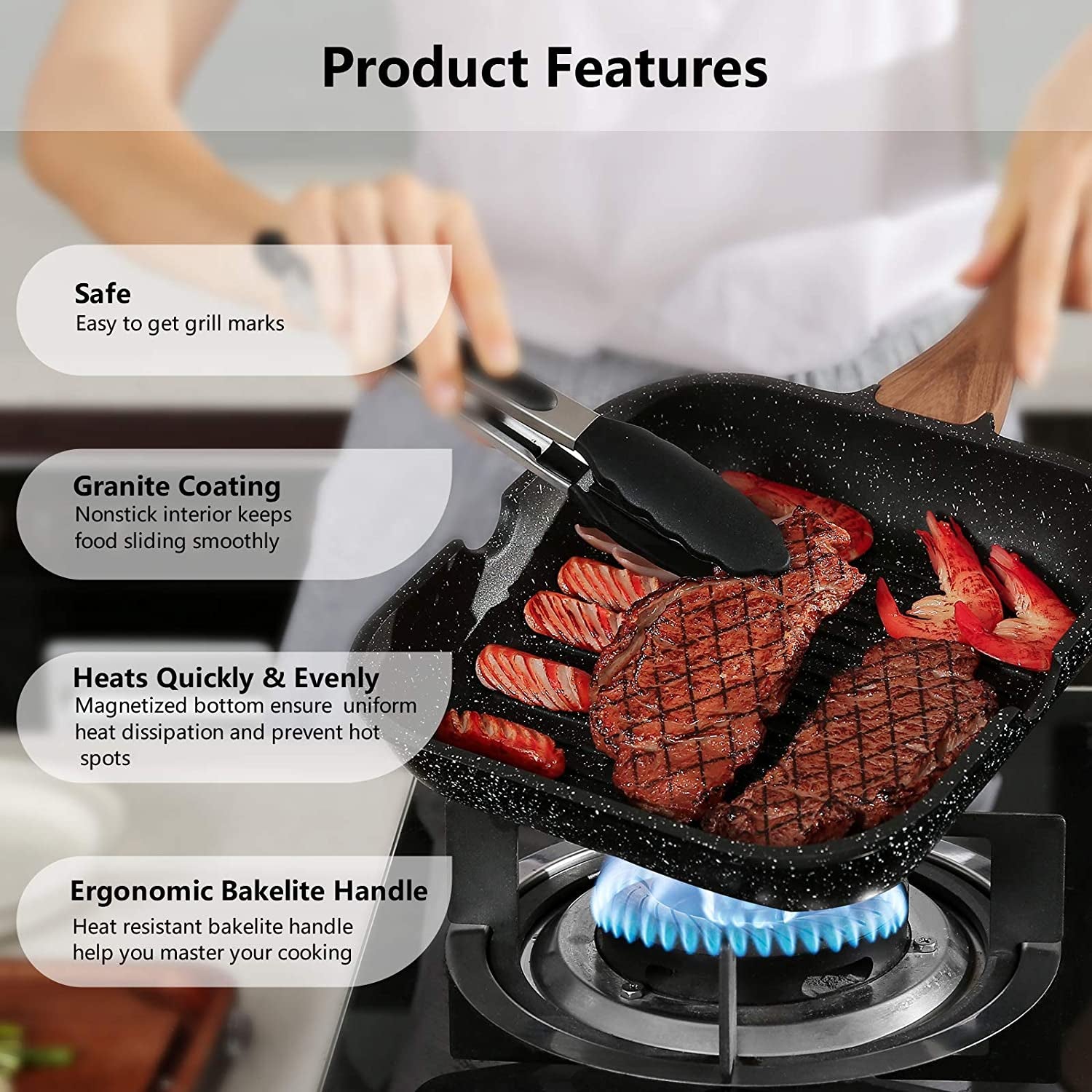 9.5 Inch Nonstick Grill Pan with Lid for Stove Tops, Induction Compatible, PFOA & PTFEs Free