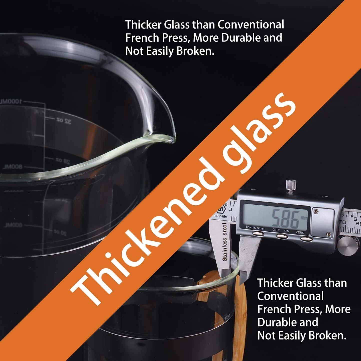 French Press Coffee Maker - 34 oz Capacity - Made from High Borosilicate Glass - Features a Durable Bamboo Handle - Portable Brewer for Coffee and Tea - Generous 1000ml Size.