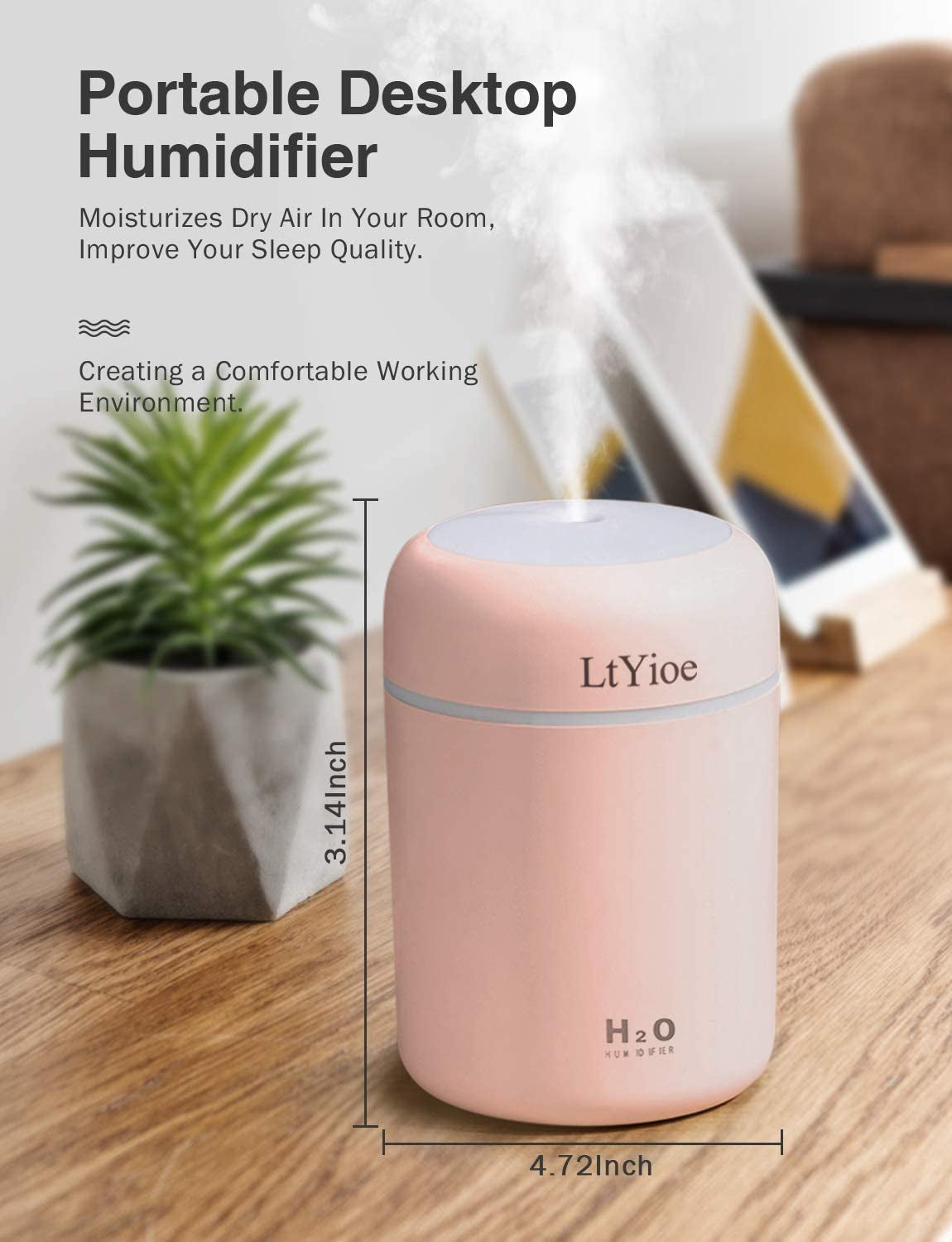 USB Personal Desktop Humidifier for Car, Office Room, and Bedroom - Colorful Cool Mini Humidifier with Auto Shut-Off, 2 Mist Modes, and Super Quiet Operation (Pink)