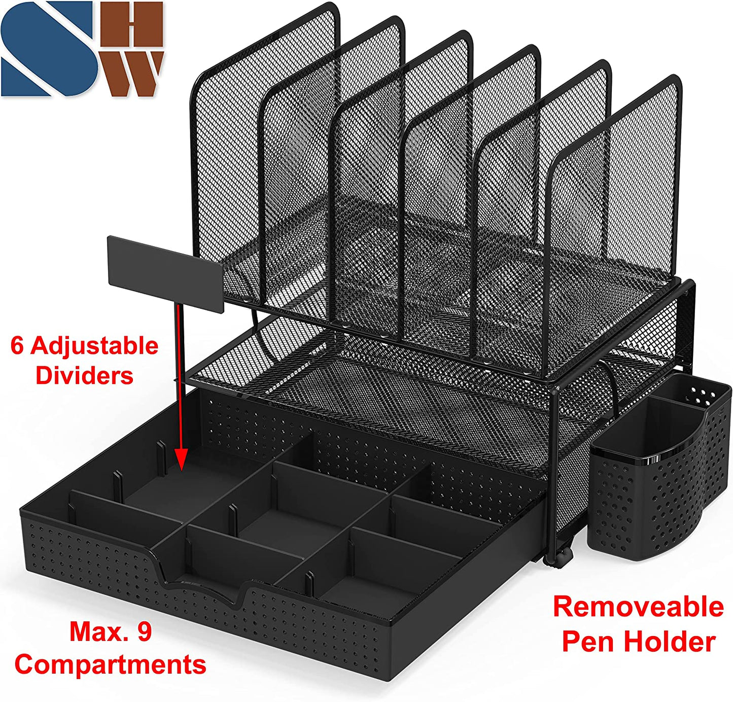 Simple Mesh Desk Organizer - Sliding Drawer, Double Tray and 5 Upright Sections, Black