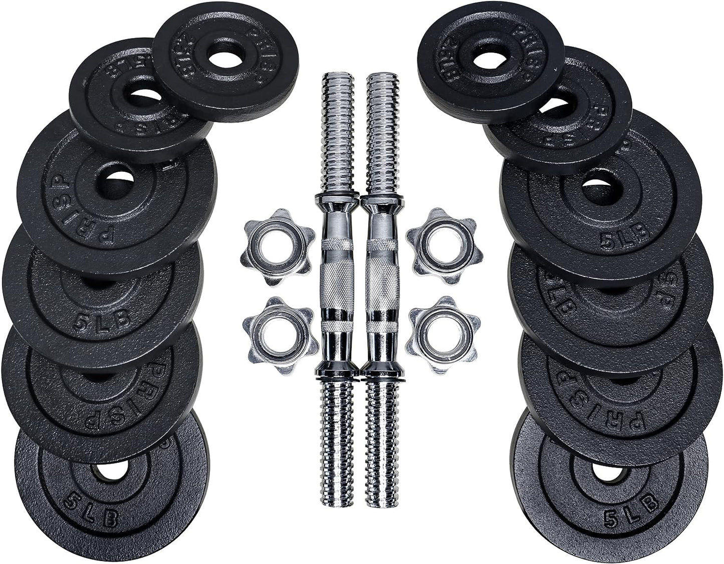 Adjustable Weight Dumbbells Set - Complete with 2 Bars, Cast Iron Plates, and Threaded Collars.