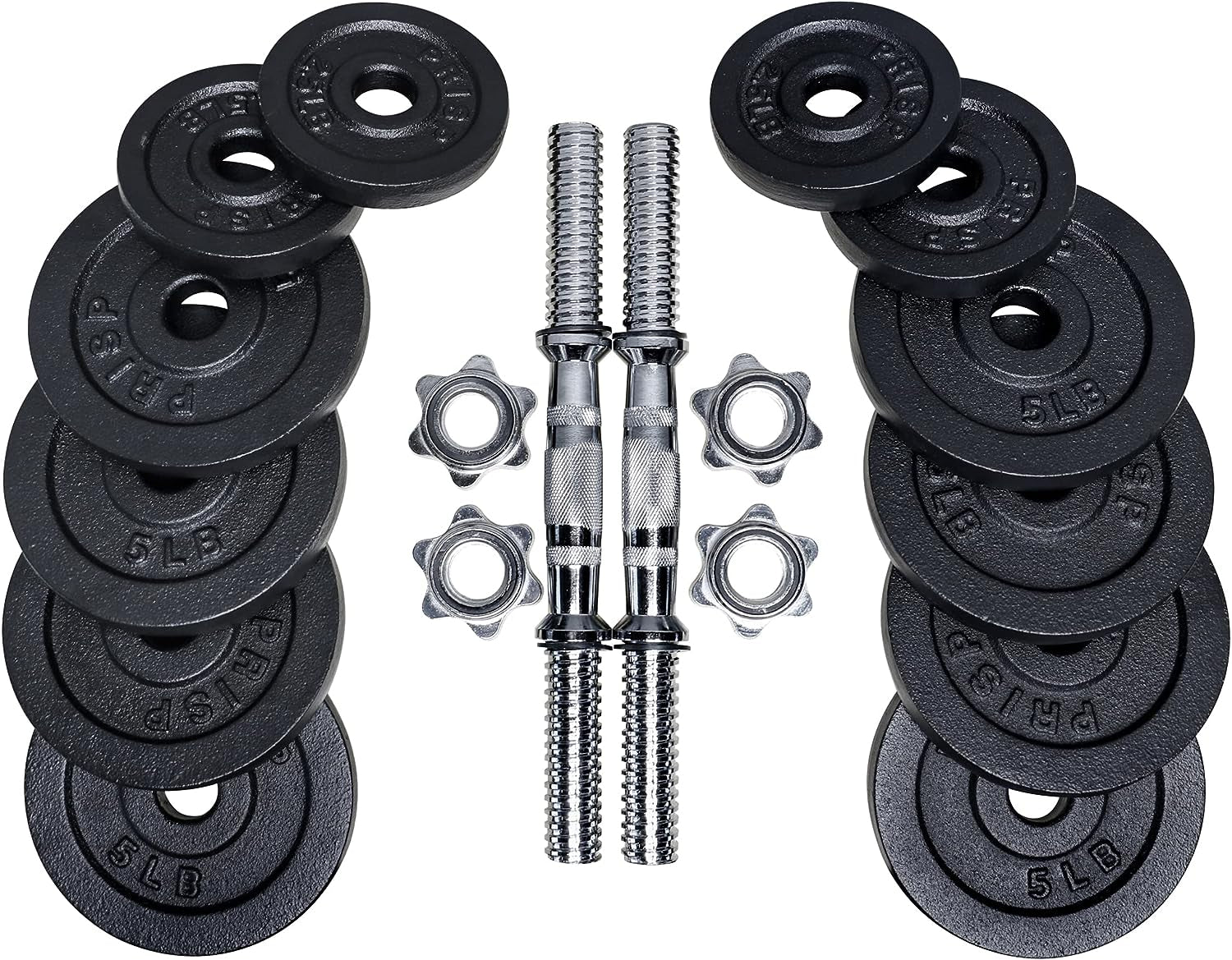 Adjustable Weight Dumbbells Set - Complete with 2 Bars, Cast Iron Plates, and Threaded Collars.