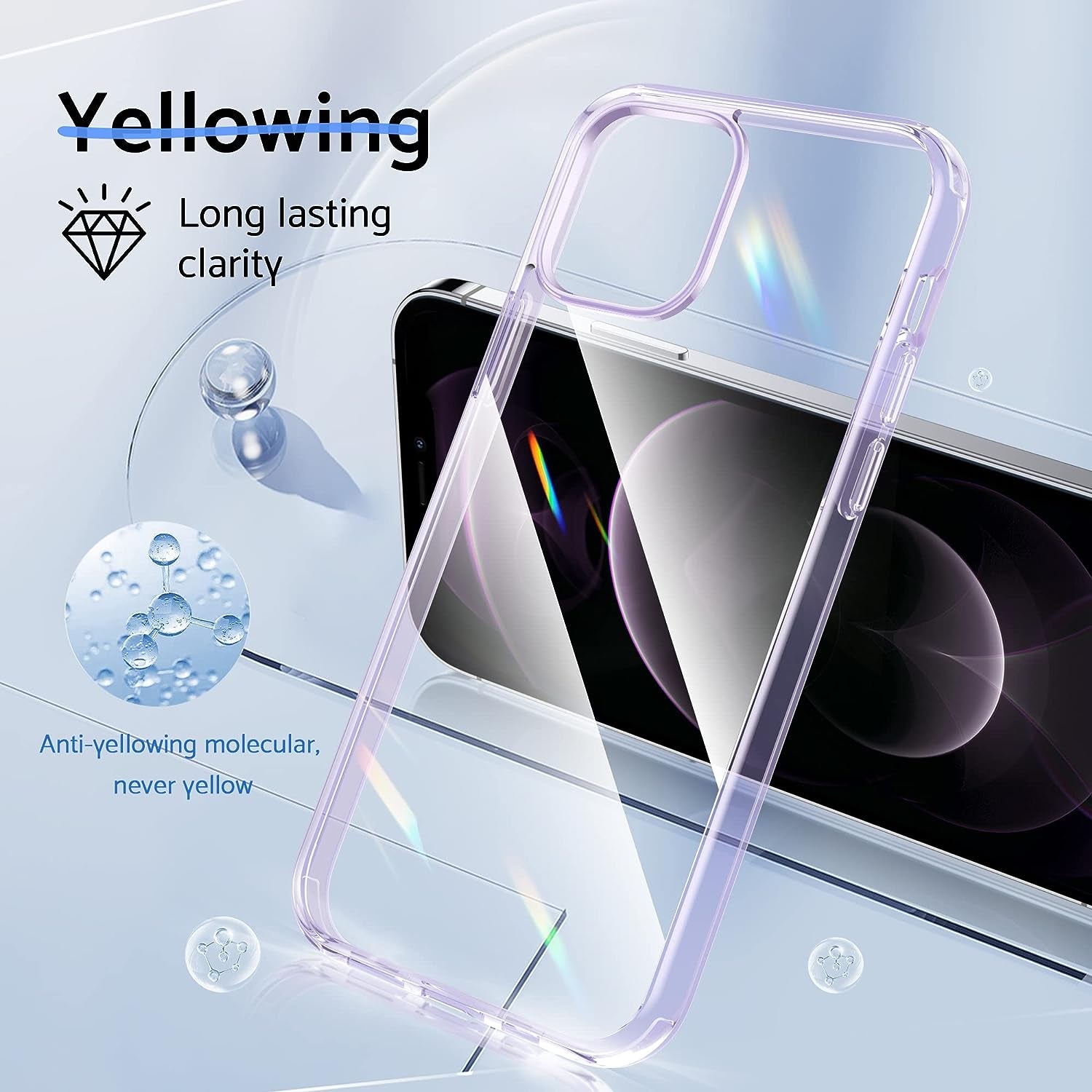 iPhone 12/12 Pro Case - Crystal clear, non-yellowing, military-grade protective cover. Soft silicone, slim design. Clear Purple.