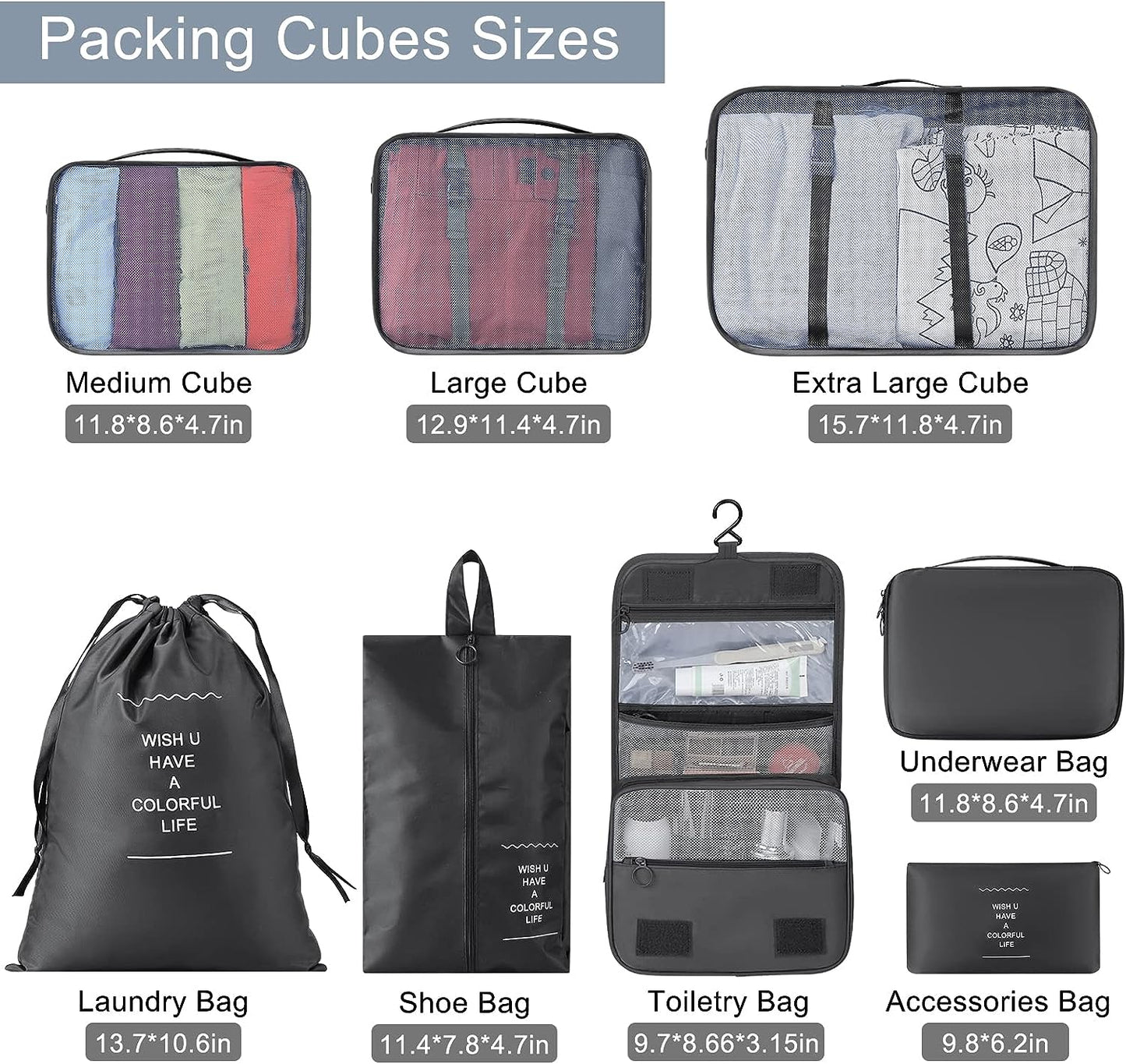 Set of 8 Waterproof Travel Organizer Packing Cubes - Foldable Compression Cubes for Carry-On Luggage - Includes Hanging Toiletry Bag, Shoe Bag, and Laundry Bag - Color: Black