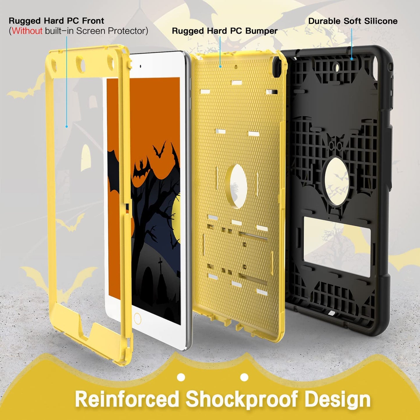 Rugged Protective Case for iPad 6th/5th Generation (2018/2017), iPad Air 2 (2014), and iPad 9.7'' - Heavy-Duty Shockproof Cover with Kickstand, Designed for Durability and Protection for Kids, Boys, and Girls; Stylish Black and Gold Design