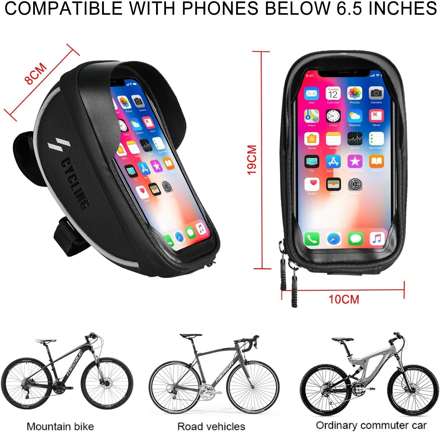 Waterproof Bike Handlebar Bag with Phone Mount Holder - Large Storage for iPhone 13, 12, 11 Pro, Xs Max, 8 Plus (6.5" and Below) - Ideal for Mountain & Road Cycling - Sensitive Touch Screen - Front Frame Top Tube Handlebar Bags - Accessories Pouch