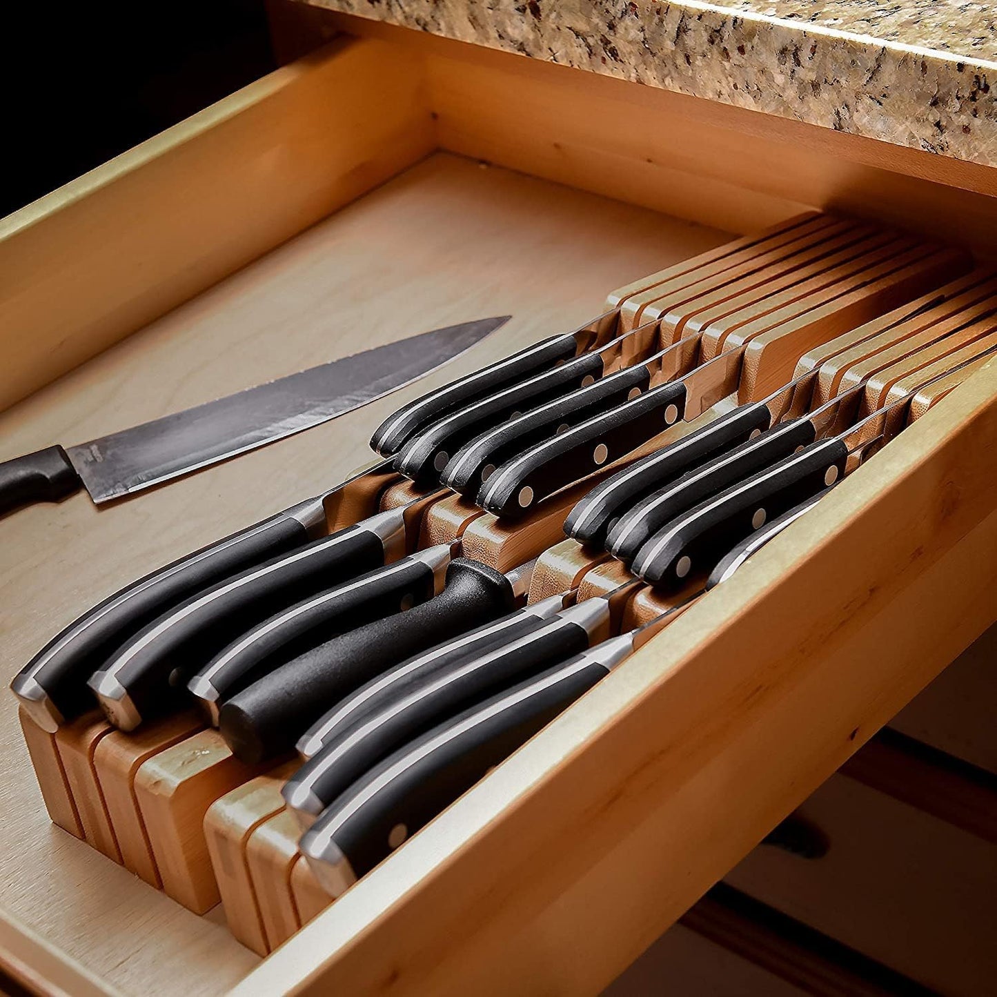 Bamboo In-Drawer Knife Block - Holds 14 Knives, Includes Sharpener Slot, Premium Organizer (2" tall, 17" deep)