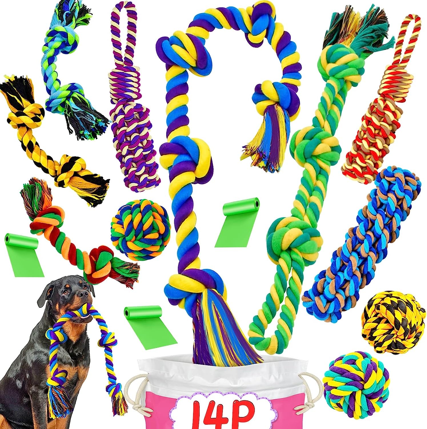 14-Pack XL Dog Chew Toys for Aggressive Chewers - Durable and Indestructible - Suitable for Large Breeds - Tough Puppy Chew Toys for Teething - Includes Heavy-Duty Cotton Dog Rope Toys - Designed for Large Dogs.