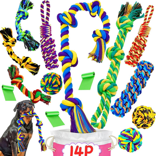 14-Pack XL Dog Chew Toys for Aggressive Chewers - Durable and Indestructible - Suitable for Large Breeds - Tough Puppy Chew Toys for Teething - Includes Heavy-Duty Cotton Dog Rope Toys - Designed for Large Dogs.