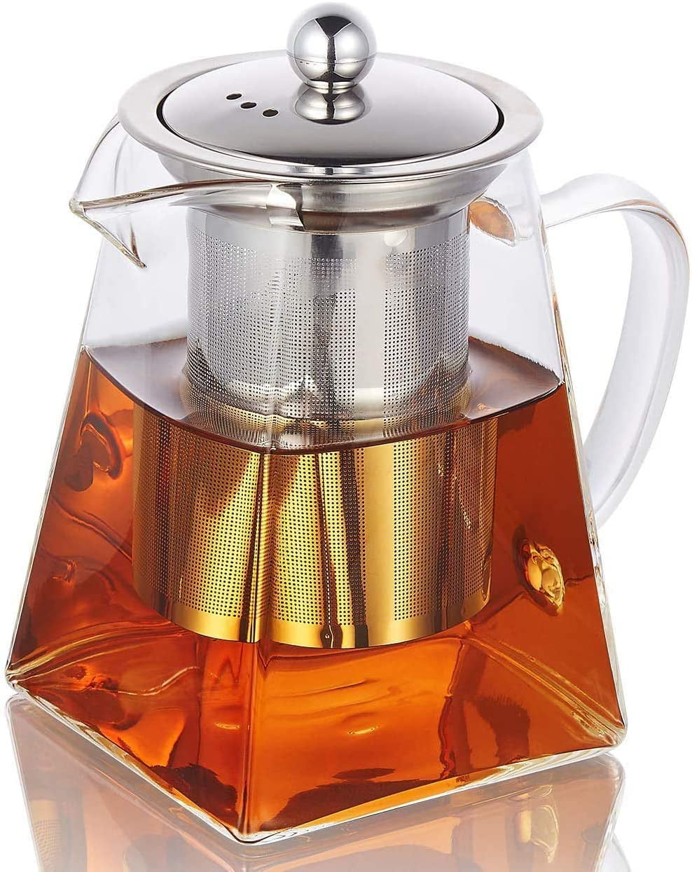 32 oz Square Glass Teapot for One with Stainless Steel Infuser - Ideal for Tea and Coffee, Clear with Strainer Lid. 